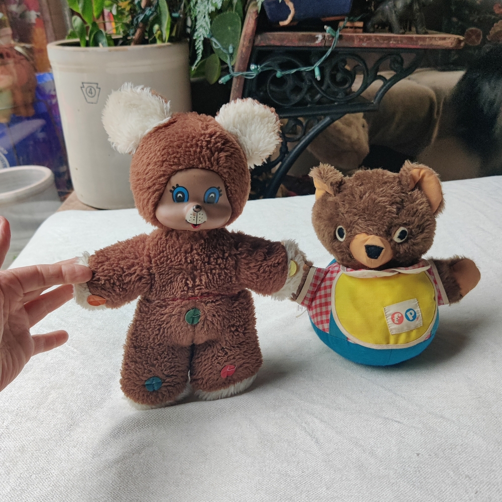 70s Toy Bear Lot Fisher Price Mattel Musical Chime Roly Poly Rubber Face Squeeze